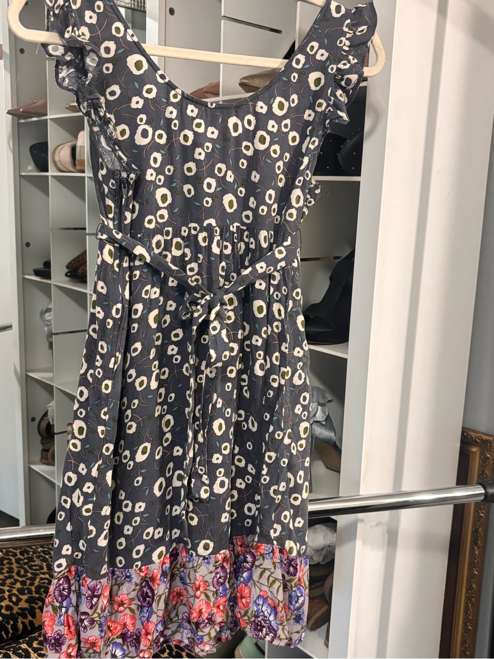 Gray Floral Print Ruffle Dress with Tie Waist